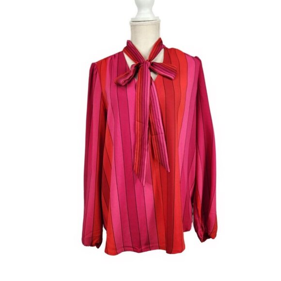 Tronjori Keyhole Neck Tie Blouse Women's M Red Pink Stripe Statement Feminine - Picture 1 of 8